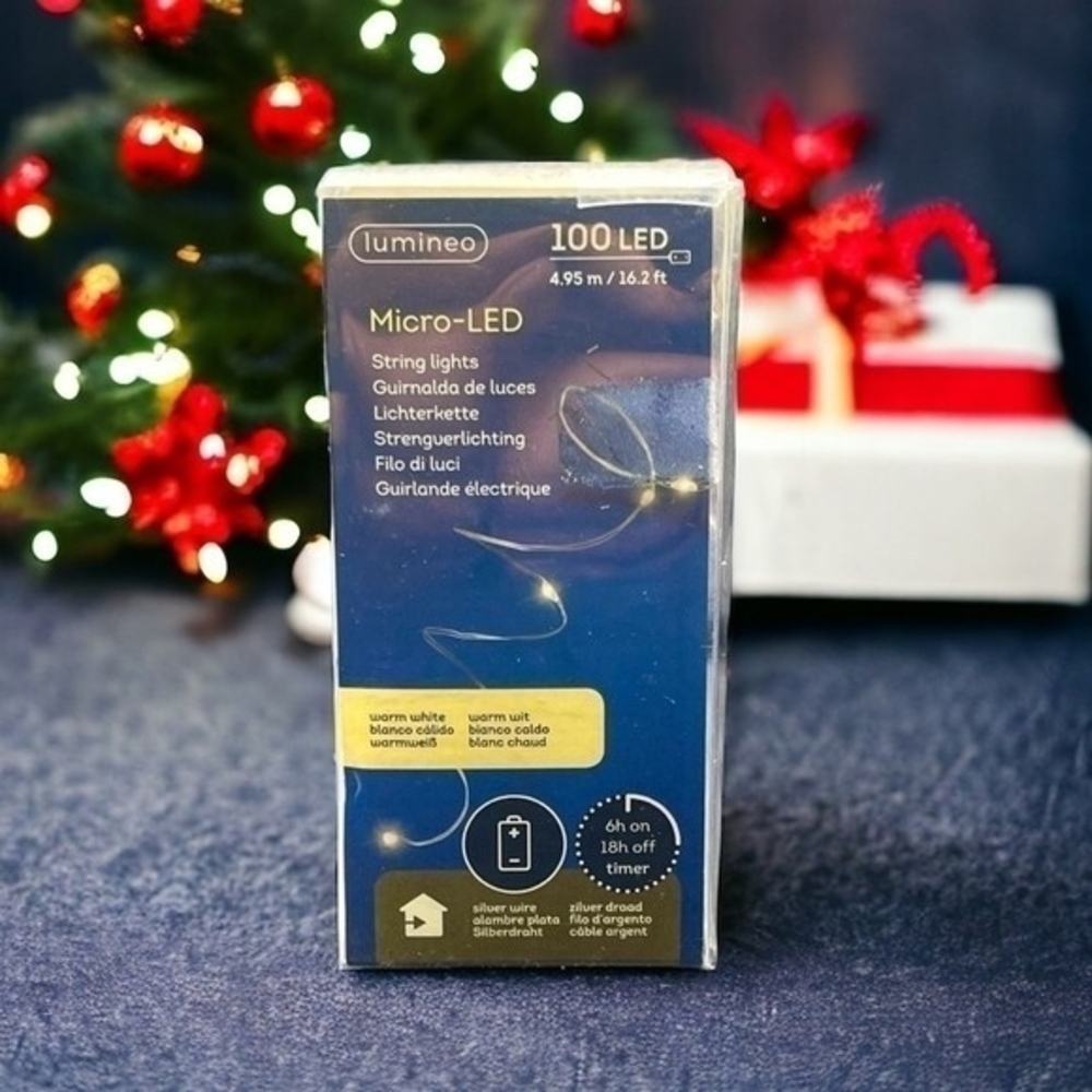 LUMINEO Micro LED String Star Lights 100 Warm White 16.2ft Battery Operated NIB
